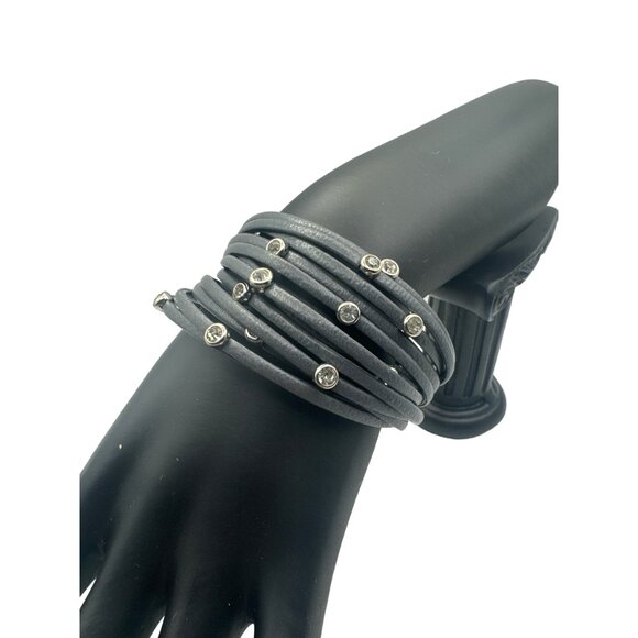 Multi-Layer Leather Bracelet With Rhinestones & Magnetic Clasp - Picture 2 of 6